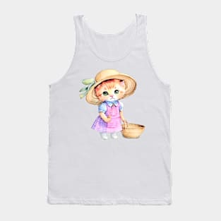 Cute kitten in pink gingham dress and straw hat children’s illustration I Tank Top